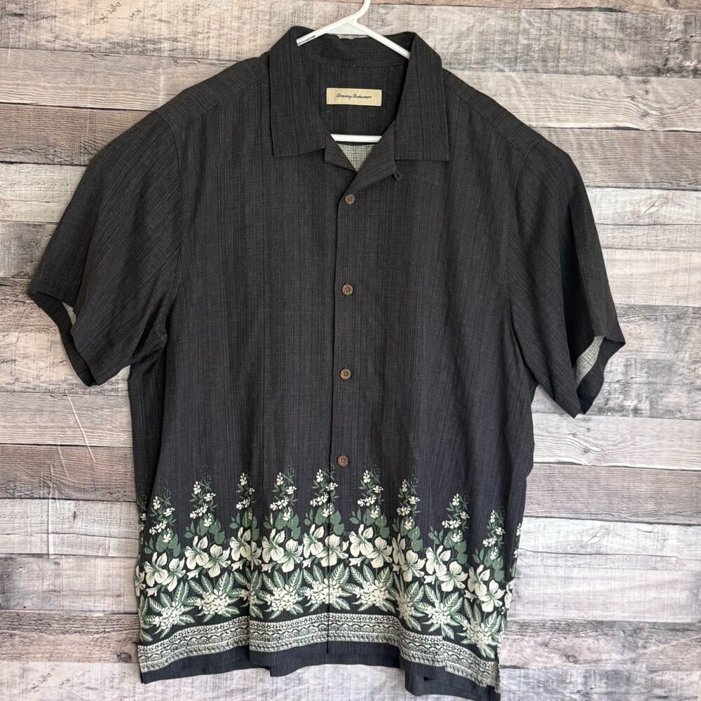 Tommy Bahama Mens Silk Border Camp Shirt XL Gray Hawaiian Embroidered Floral